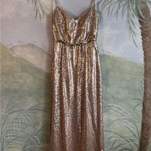 Belsoie Gold Sequin Spaghetti-Strap Evening Dress, size 14